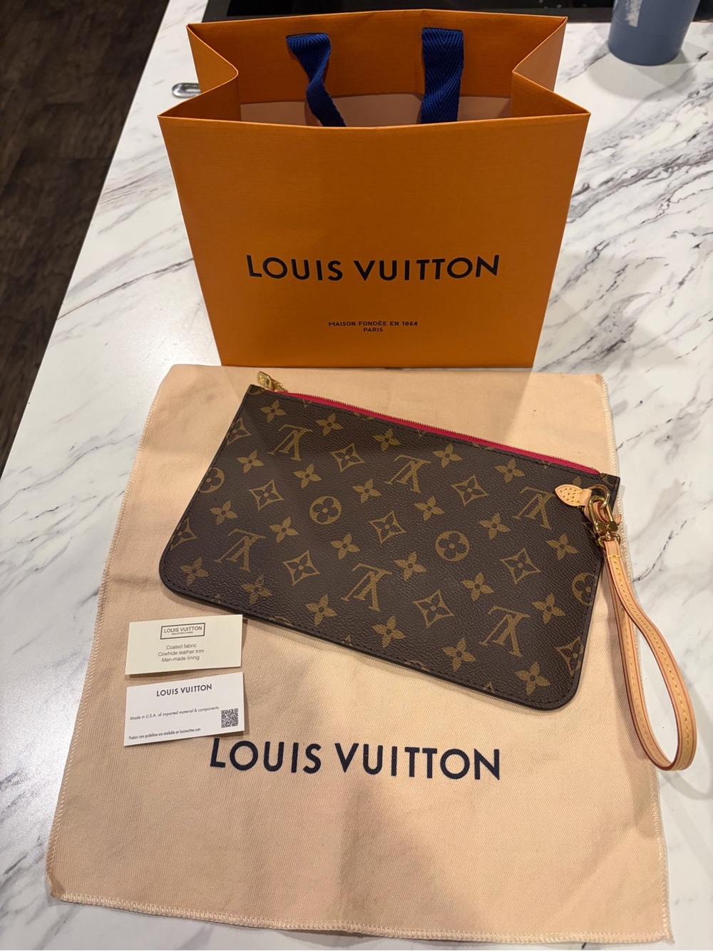 Louis Vuitton Brown Monogram Canvas Wristlet Pouch with Pink Trim